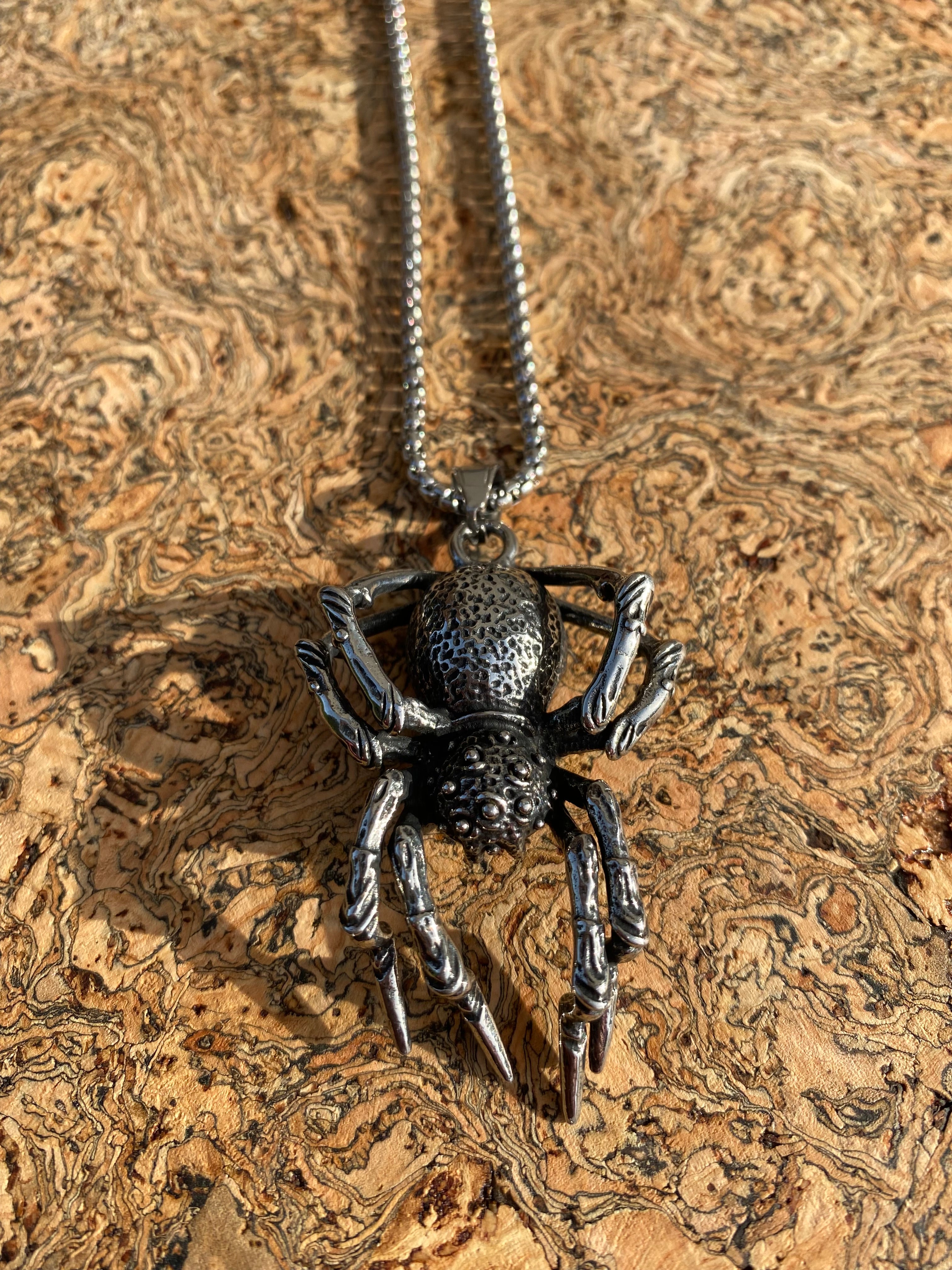 Steel necklace with a spider pendant showing multiple eyes and textured curled legs.