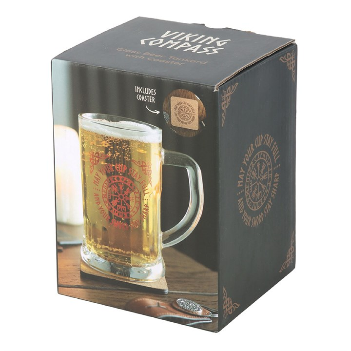 Viking Compass Glass Beer Tankard with Coaster Set