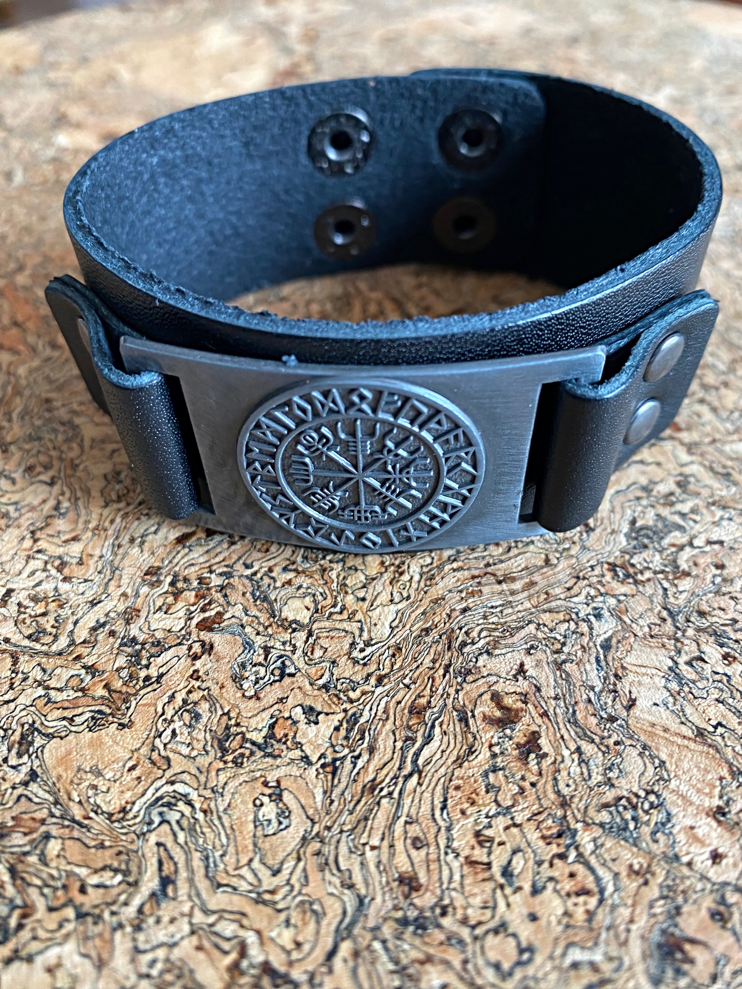 Aegishjalmur Runes Leather Viking Bracelet