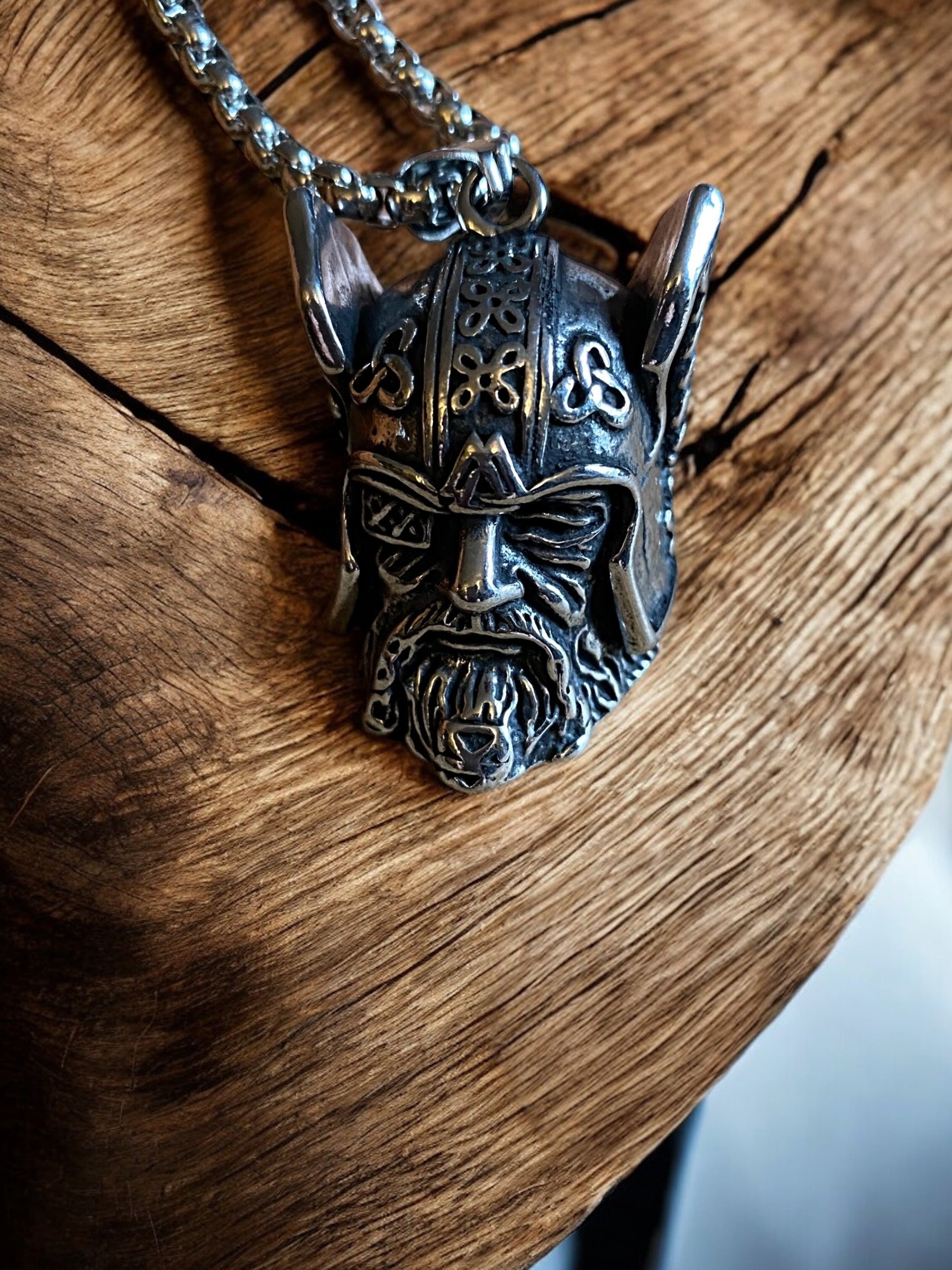 Close up of odin necklace pendant necklace.