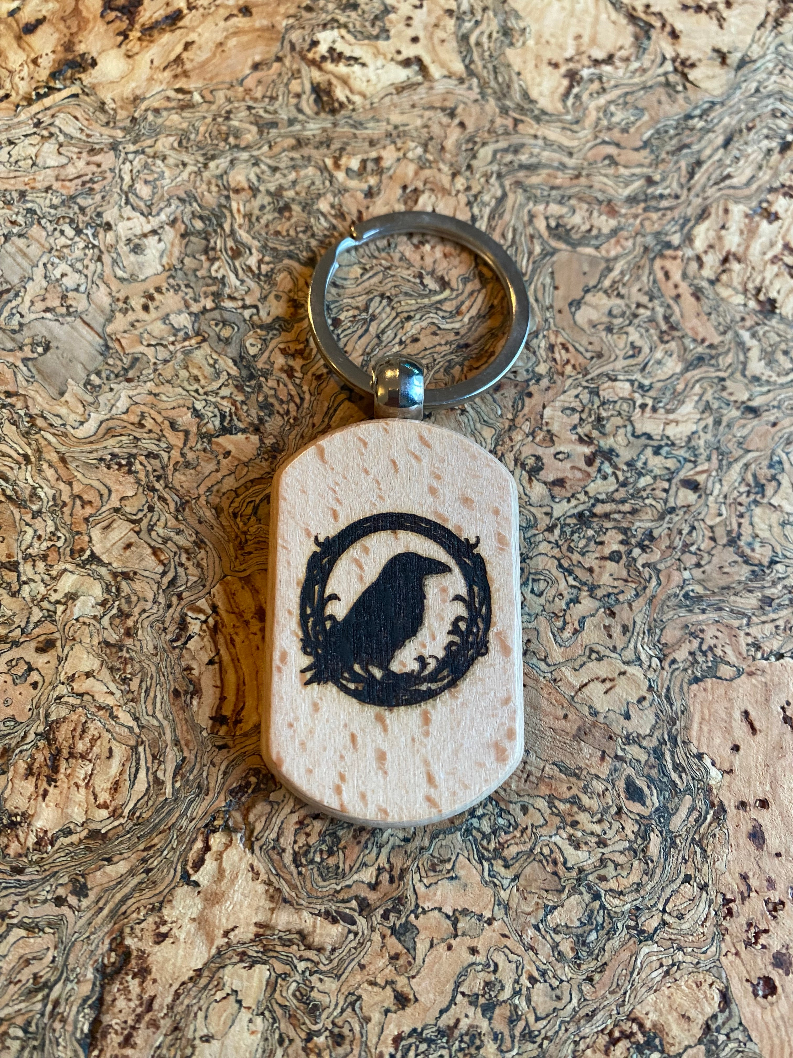 Wooden handmade The Raven Watcher Keyring