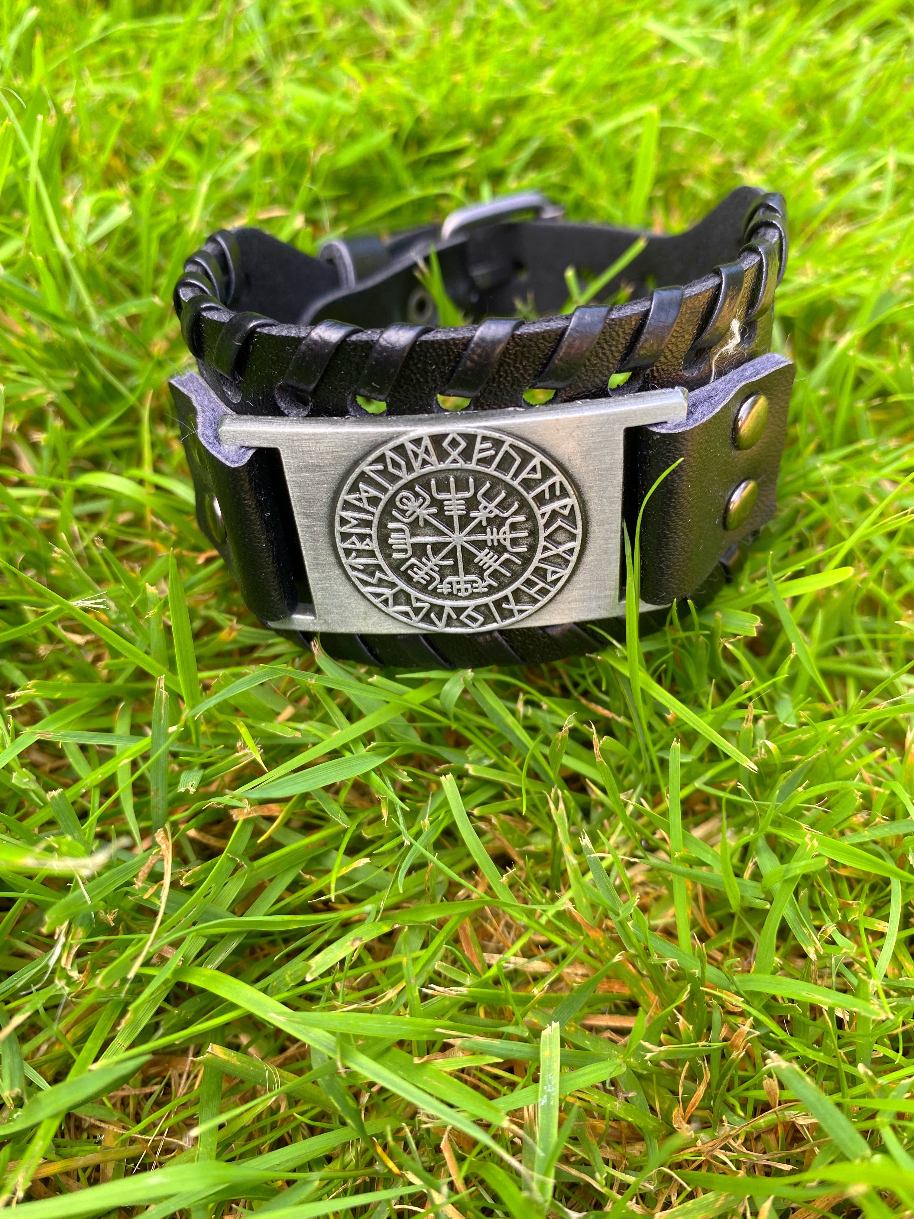 Aegishjalmur Runes Leather Viking Bracelet