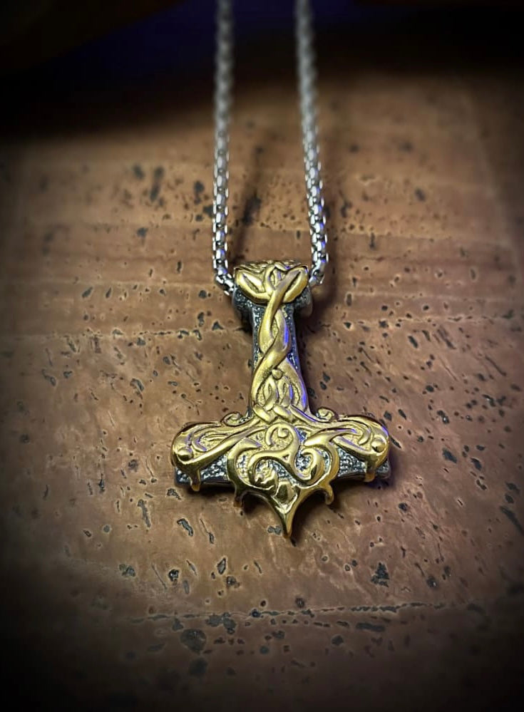 Golden Thor Hammer Viking Necklace