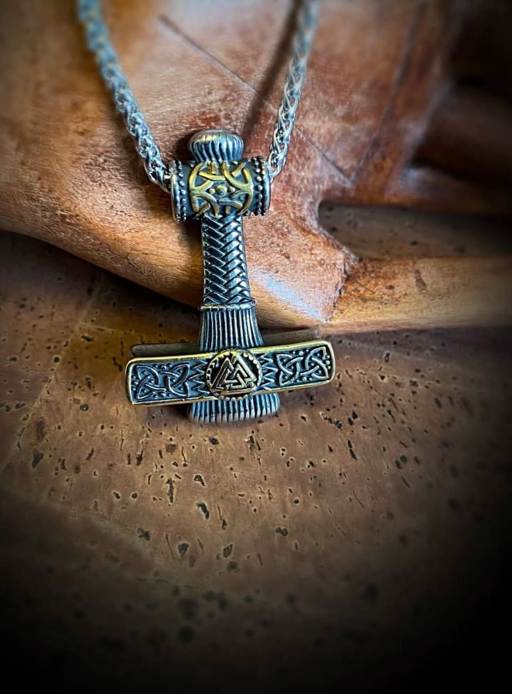 Golden Thor Hammer Viking Necklace - Valknut Knot