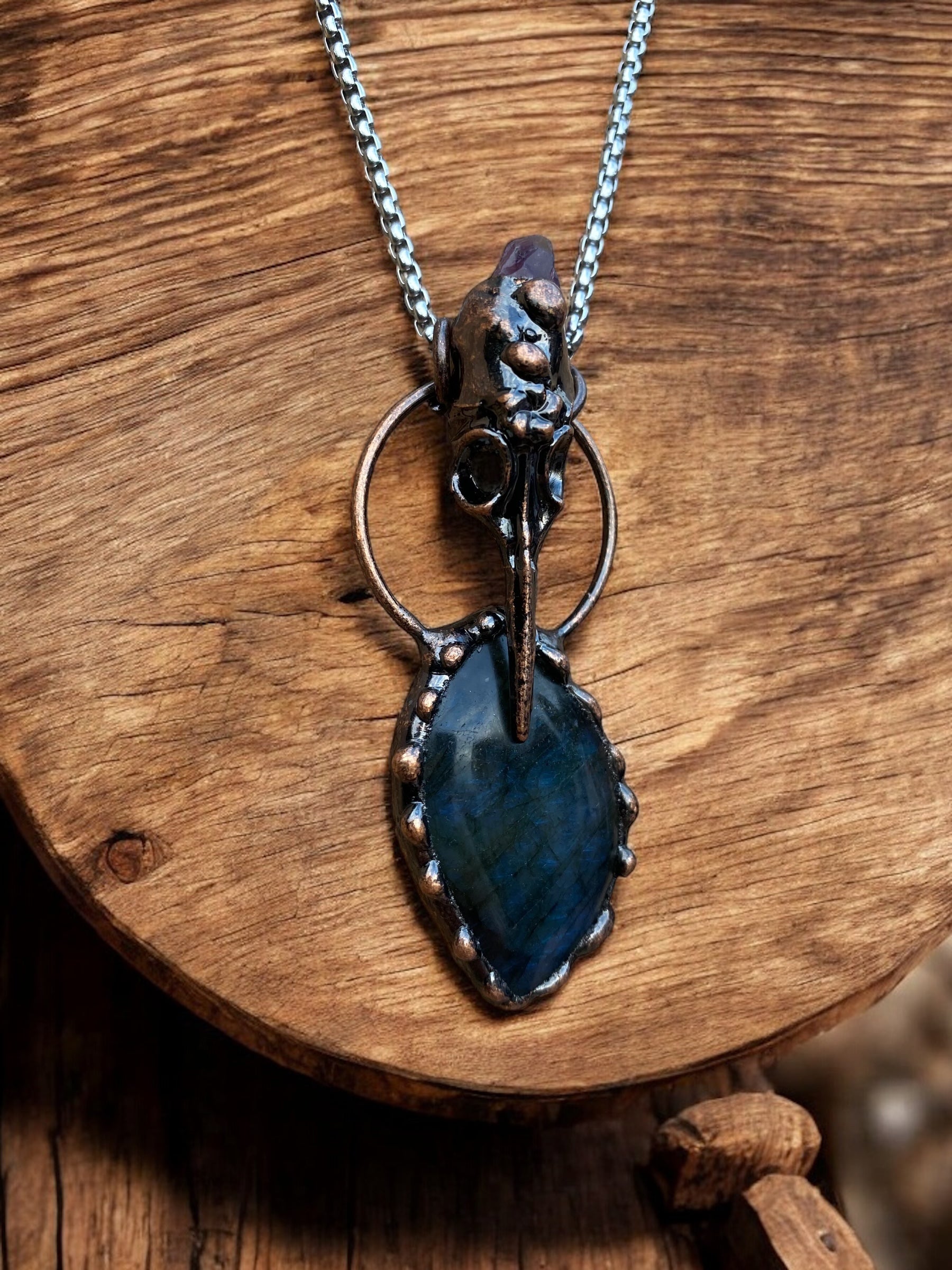Pagan Necklace - Labradorite Shelled Raven Skull