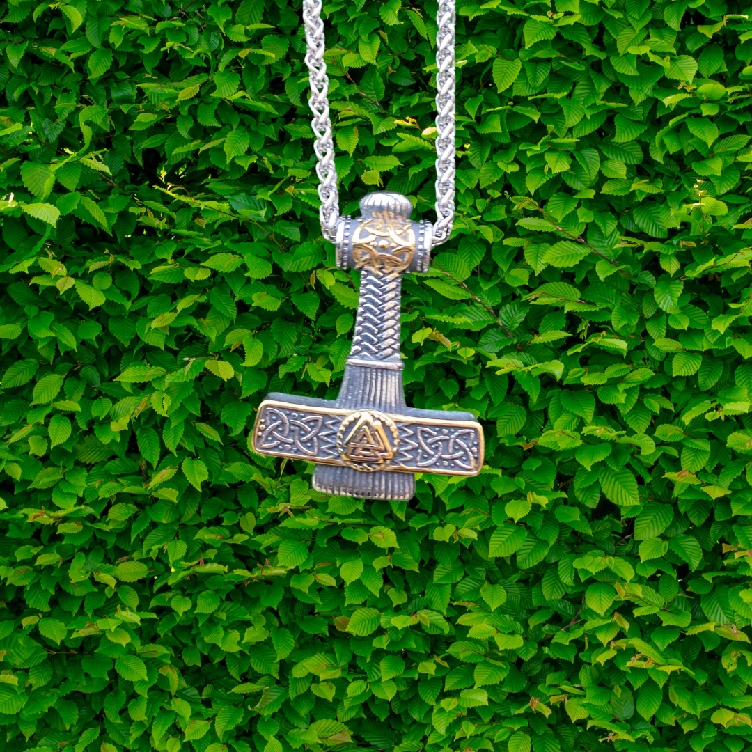 Golden Thor Hammer Viking Necklace - Valknut Knot