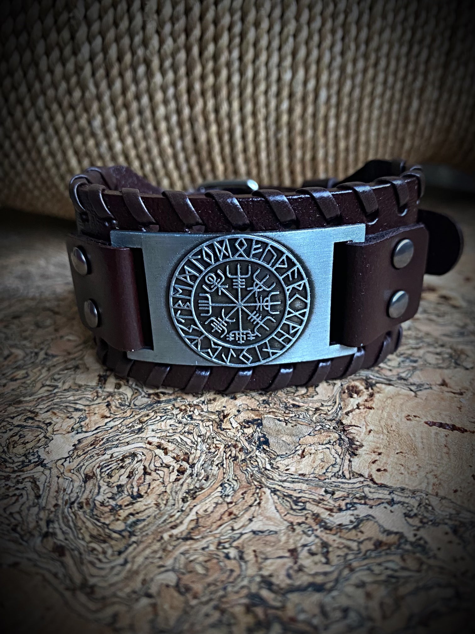 Aegishjalmur Runes Leather Viking Bracelet