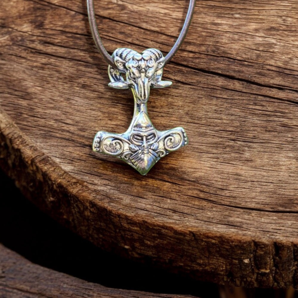Thor Hammer Viking Necklace - Ram Slim Leather Cord