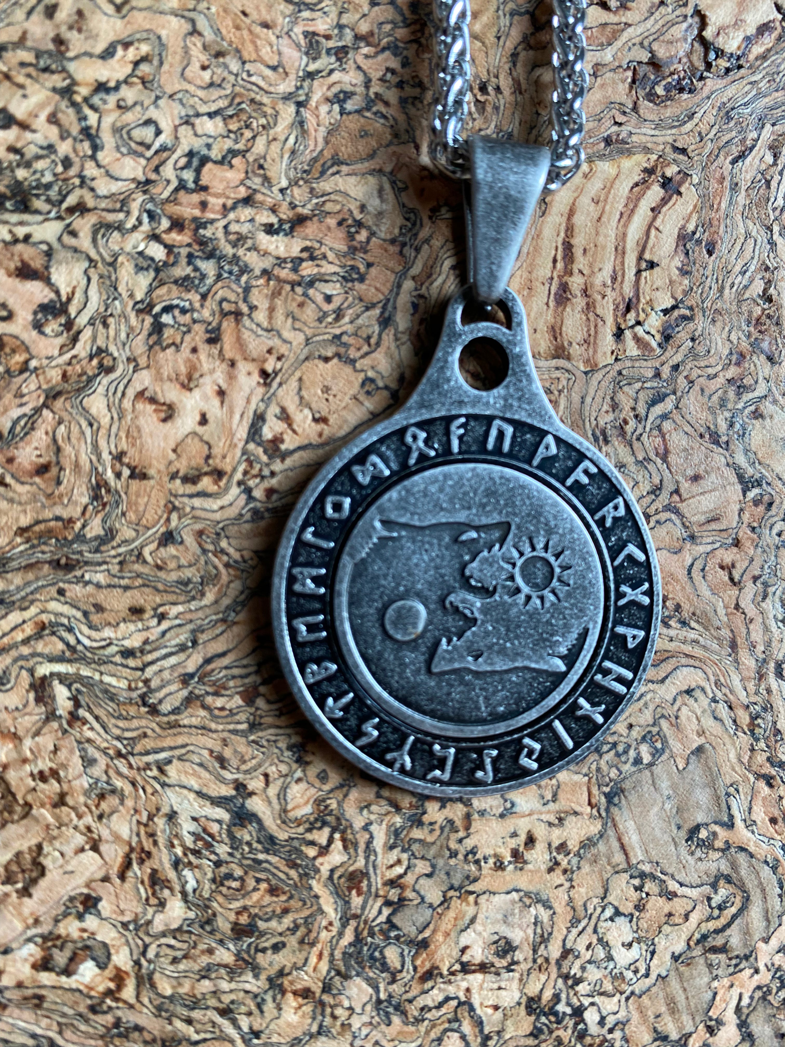 Viking Necklace - Rustic Skoll & Hati Wolves Dog Tag