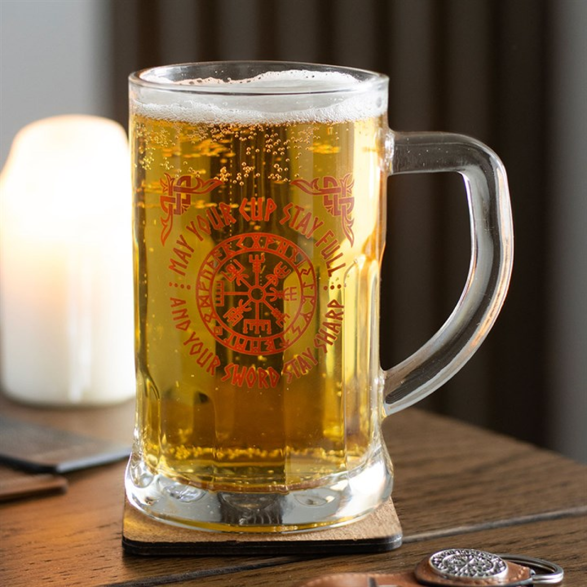 Viking Compass Glass Beer Tankard with Coaster Set