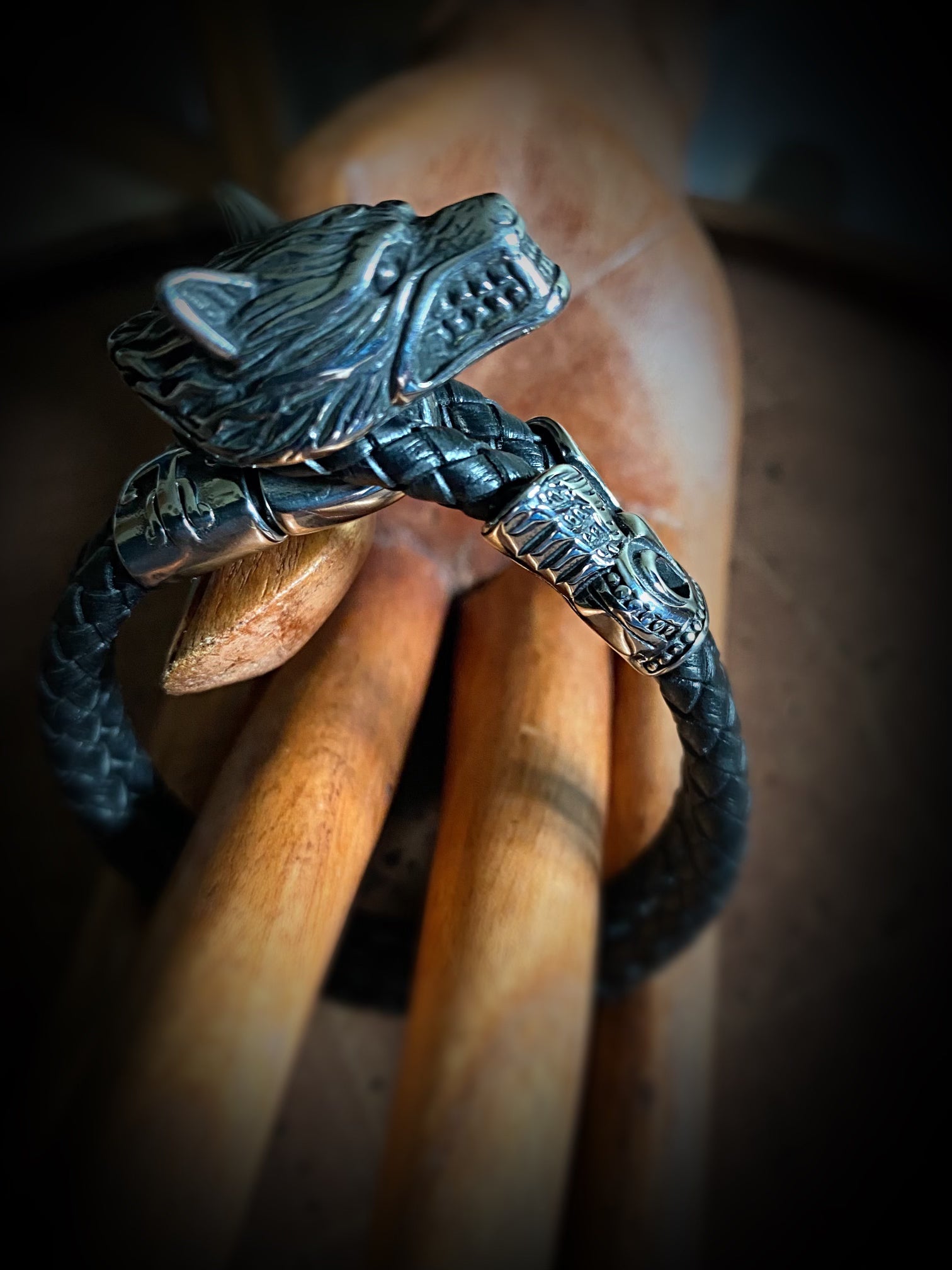 Viking Leather Bracelet - Fenrir Wolf