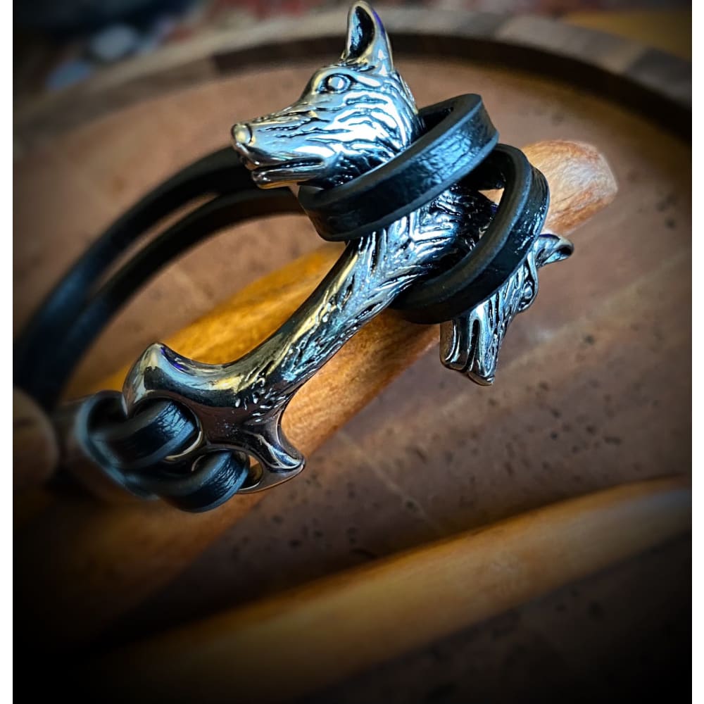 Viking Leather Bracelet - Geri Freki Wolves
