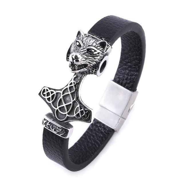 Viking Leather Bracelet - Mjolnir Wolf