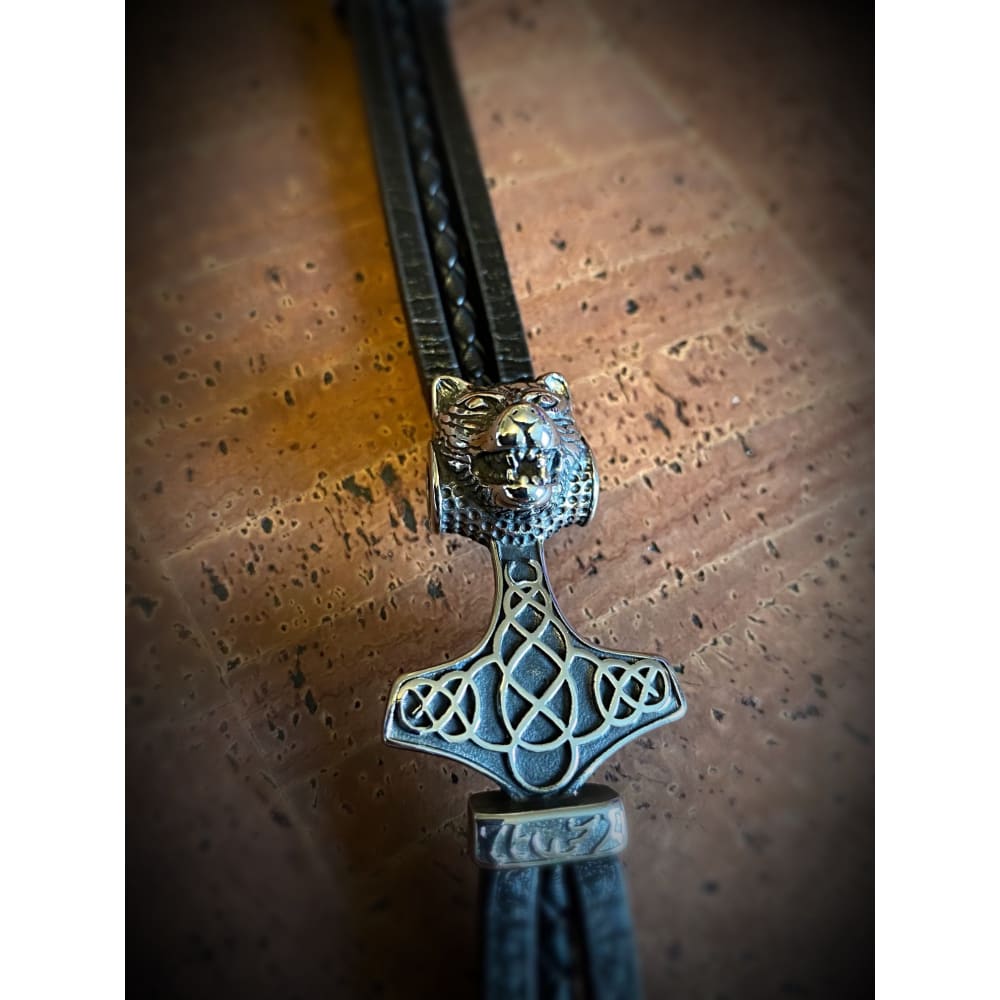 Viking Leather Bracelet - Mjolnir Wolf