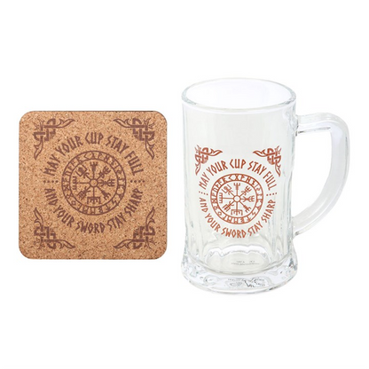 Viking Compass Glass Beer Tankard with Coaster Set