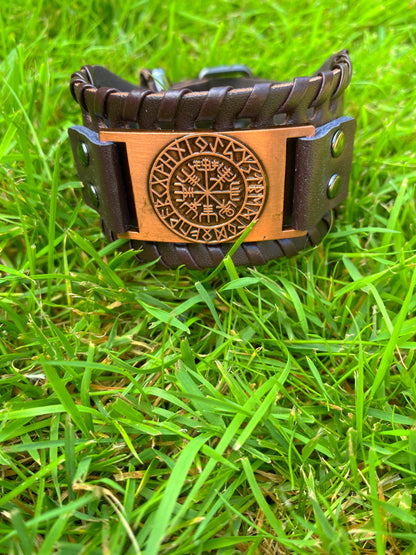 Aegishjalmur Runes Leather Viking Bracelet