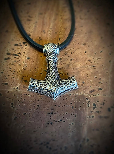 Classic Thor Hammer Viking Necklace With Black Leather