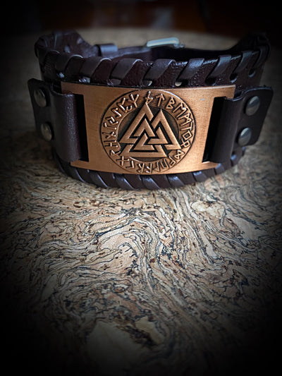 The Mighty Valknut Leather Viking Bracelet
