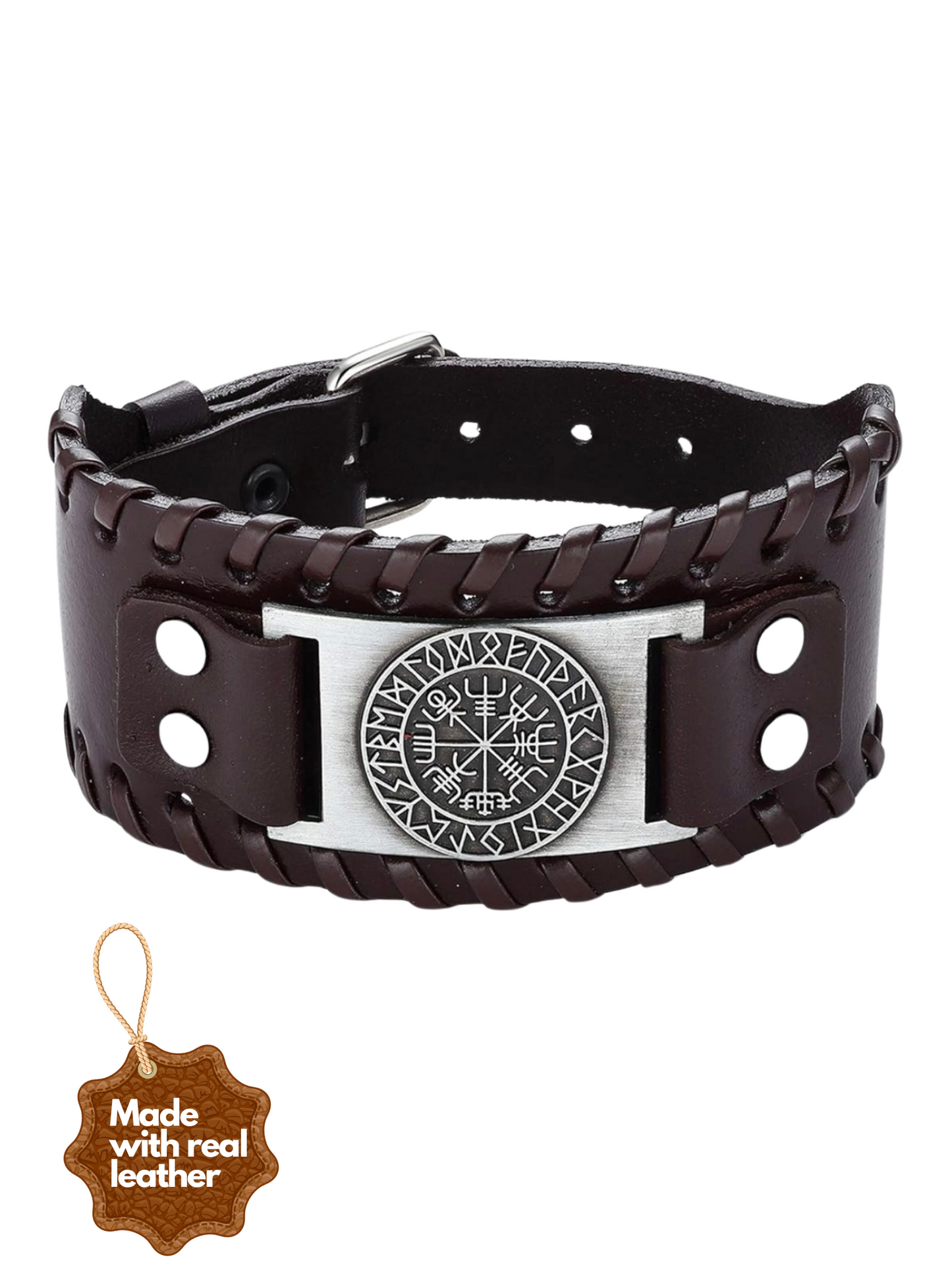 Aegishjalmur Runes Leather Viking Bracelet
