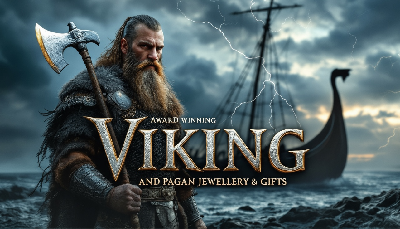 Viking warrior holding an axe with a Viking ship and stormy sky in the background, featuring text for 'Award Winning Viking and Pagan Jewellery & Gifts'.
