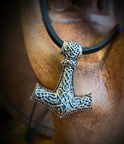Classic Thor Hammer Viking Necklace With Black Leather